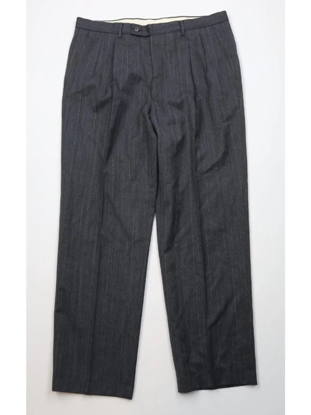 Vtg 80s 90s Mens 44R 2 Piece Wool Double Breasted Suit Striped Wide Leg 38x32